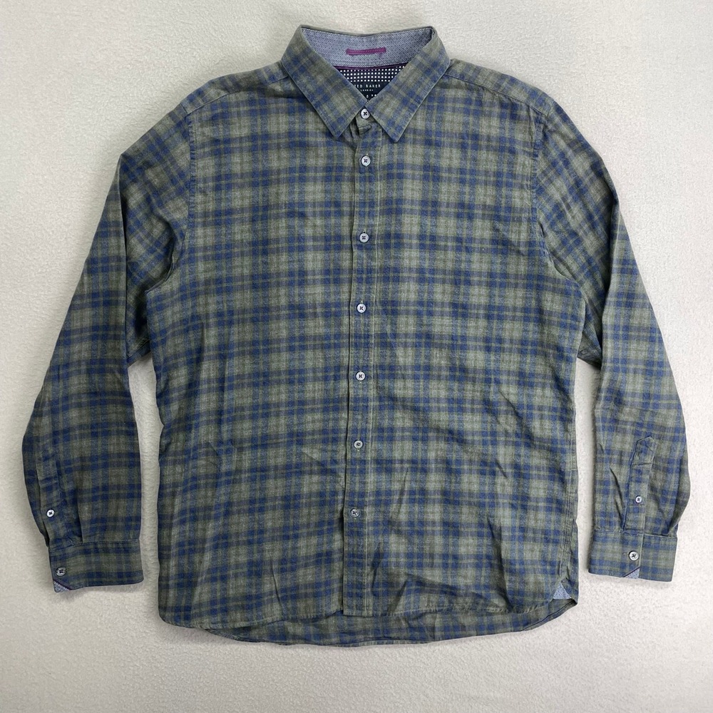 Ted Baker Shirt Mens 5 (Large) Green/Blue‎ Plaid Long Sleeve Flannel Button Down